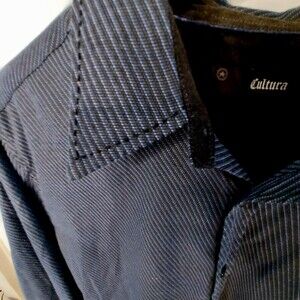Cultura Mens Button Front Shirt Black XL Thick Stitch Blue Stripes